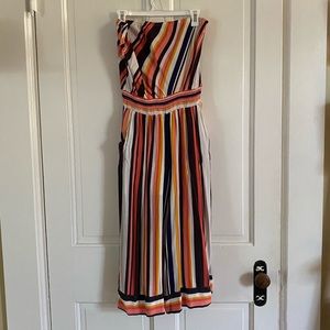 Strapless striped jumpsuit with pockets